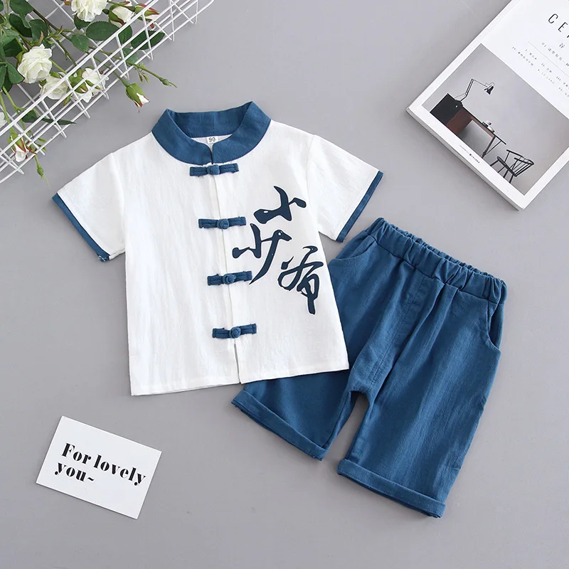 Traditional Chinese Style New Year Tang Suit Hanfu Costume Baby Boy Clothes Toddler Clothes Summer Tops Pants Clothing Set