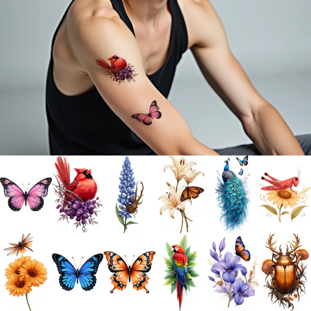Autocollants de tatouage temporaire imperméables et durables, 28 pièces, colibri, perroquet, Lotus, pour les épaules arrière des adultes