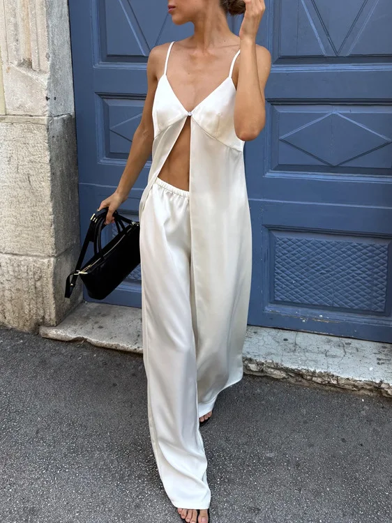 

Fashionable Wide Leg Pants Set with Strap Top Loose Two Piece Set Sexy V Neck Sleeveless Summer Outfit for Young Women
