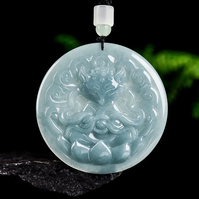 

Authentic Natural A-grade Jade Blue Water Fox Fairy Nine Tailed Fox Pendant Glutinous Jade Pendant Flower Piece Women's Jewelry