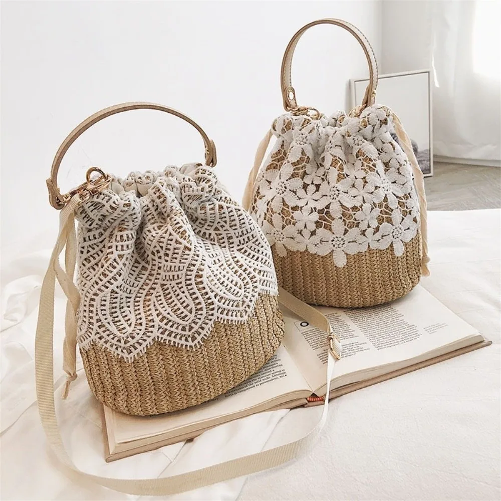 

Portable Lace Straw Shoulder Bag Bohemian Hollow Weave Tote Bag Crossbody Bucket Bag Beach Handbag Summer