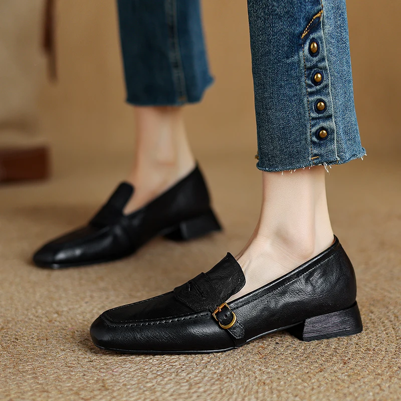 

Женские туфли-лодочки, весна-осень-зима, квадратный носок, толстые каблуки, черные, коричневые, на низком каблуке 2,5 см, женская обувь из натуральной кожи, модная A193