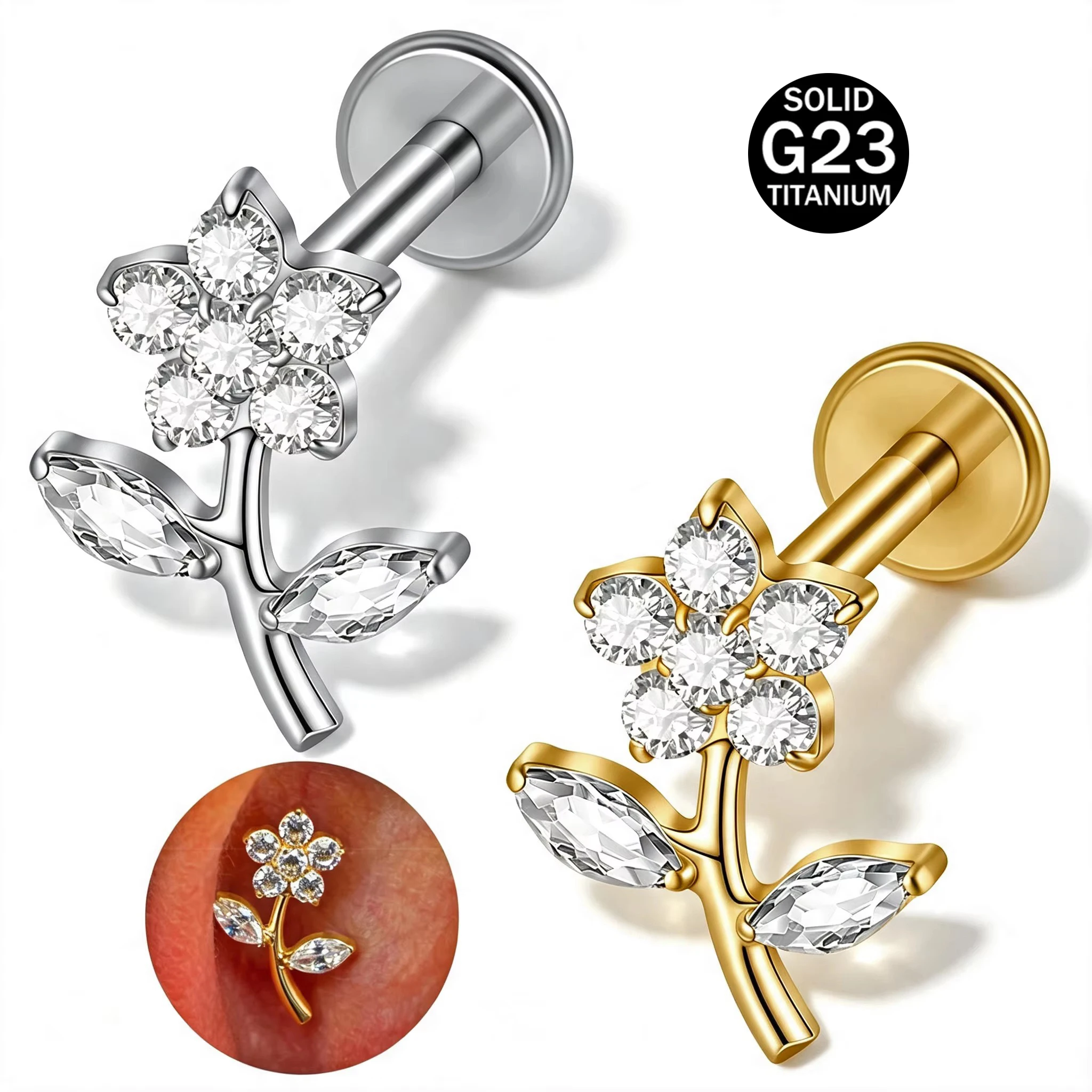 1PC G23 Titanium Zircon Labret Lip Ring 18G 16G Internal Thread Flower Tragus Helix Conch Flat Earring Body Piercing Jewelry