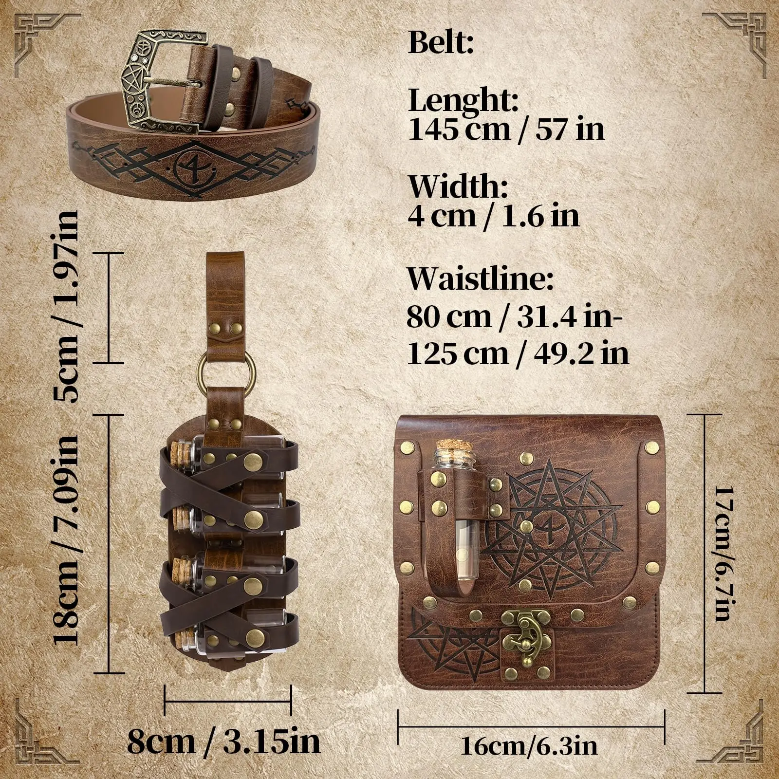 1pc/2pcs/3pcs Renaissance Retro Medieval Leather Waist Belt Waist Pack 4 Cork Small Bottles Set Viking Warrior Role-Playing For