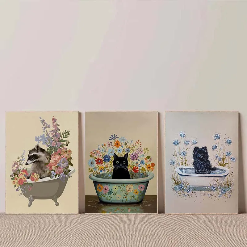 

Black Cat Raccoon Bathtub Flower Art Poster Print Animal Floral Canvas Painting Wall Picture for Bathroom Home Decor Unframed