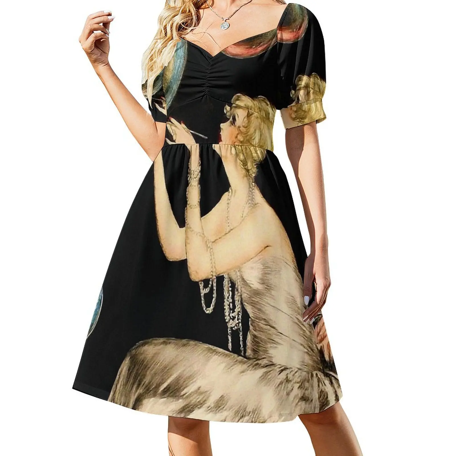 Enchanting Whimsical French Art Deco Woman Fashion illustration Short-Sleeved Dress women party dresses long dress women