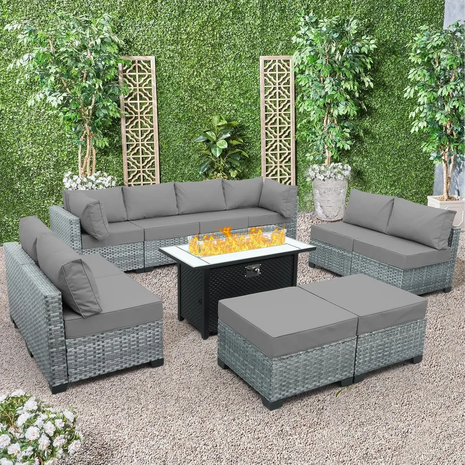 

Outdoor PE Wicker Furniture Set, Patio Rattan Sectional Sofa Couch with 60000 BTU Fire Pit and Washable Grey Cushions