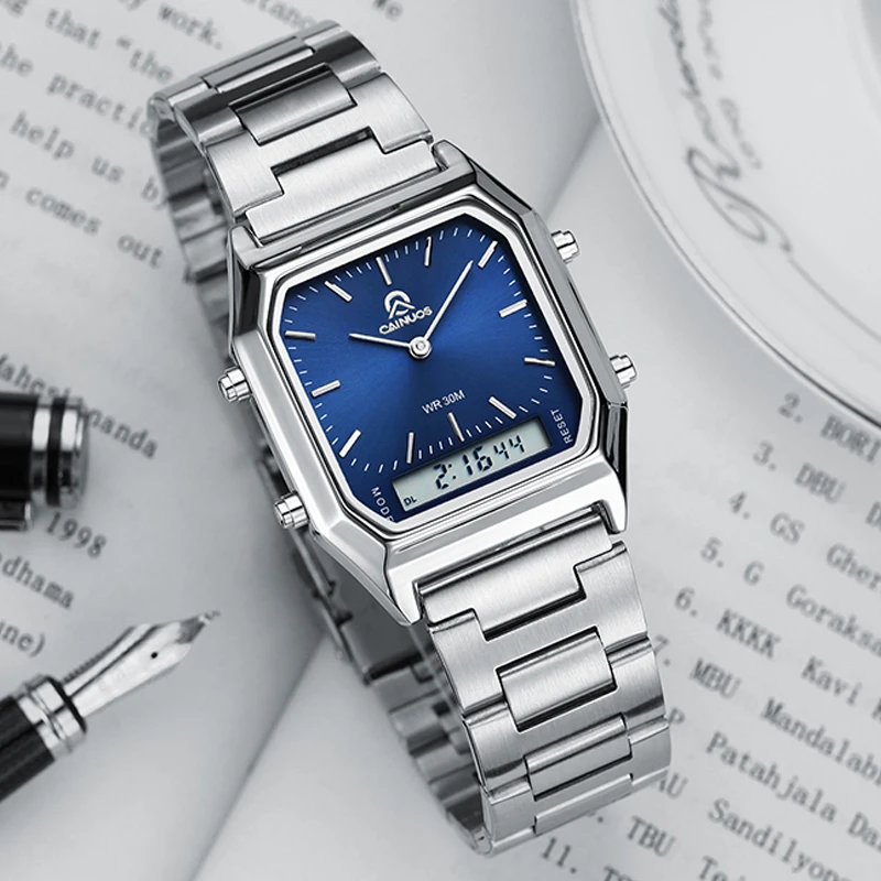 

Luxury Stainless Steel Chronograph Digital Sports Watch Mens Dual Time 3bar Waterproof Quartz Wristwatches reloj hombre