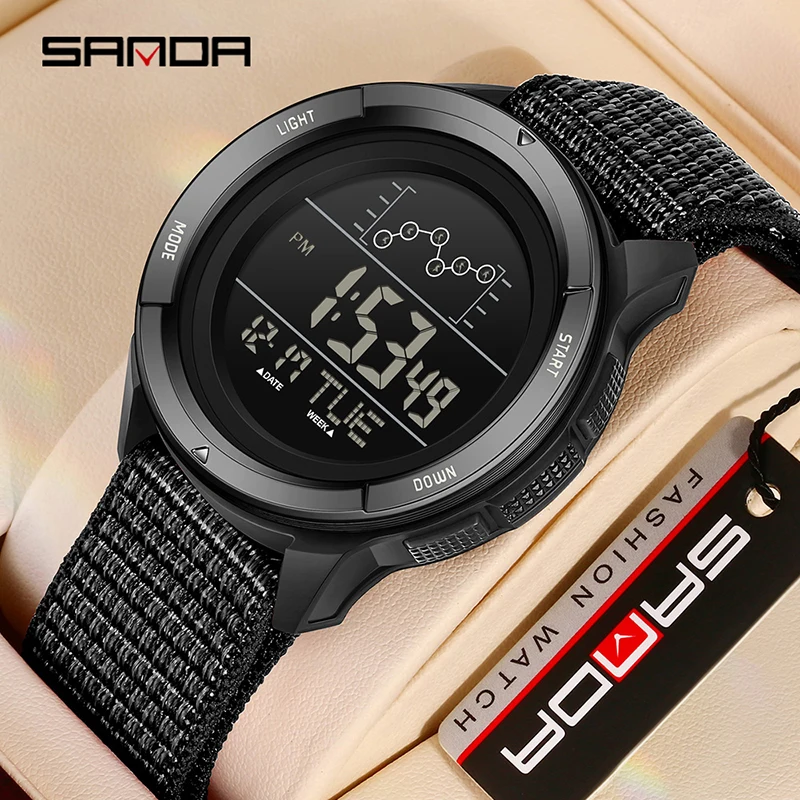SANDA Electronic Watch Nylon Strap Digital Display Multifunctional Alarm Clock Student Watch Waterproof Military Sports Watch
