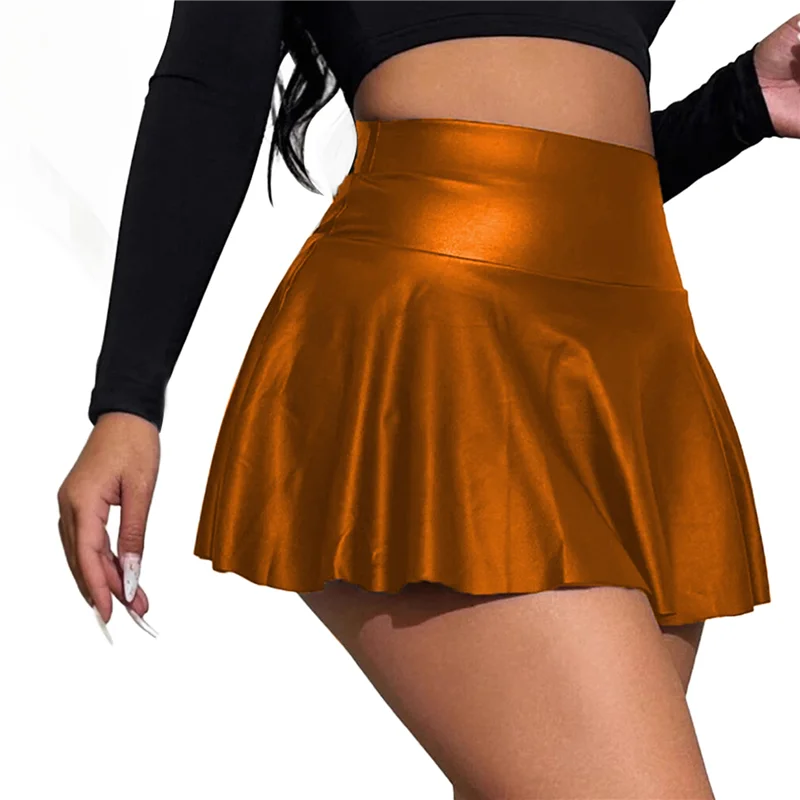 

ABRT-Women's Pu Leather Elastic High Waist Skirts Ruffle Hem Casual Flared Skirt Shorts