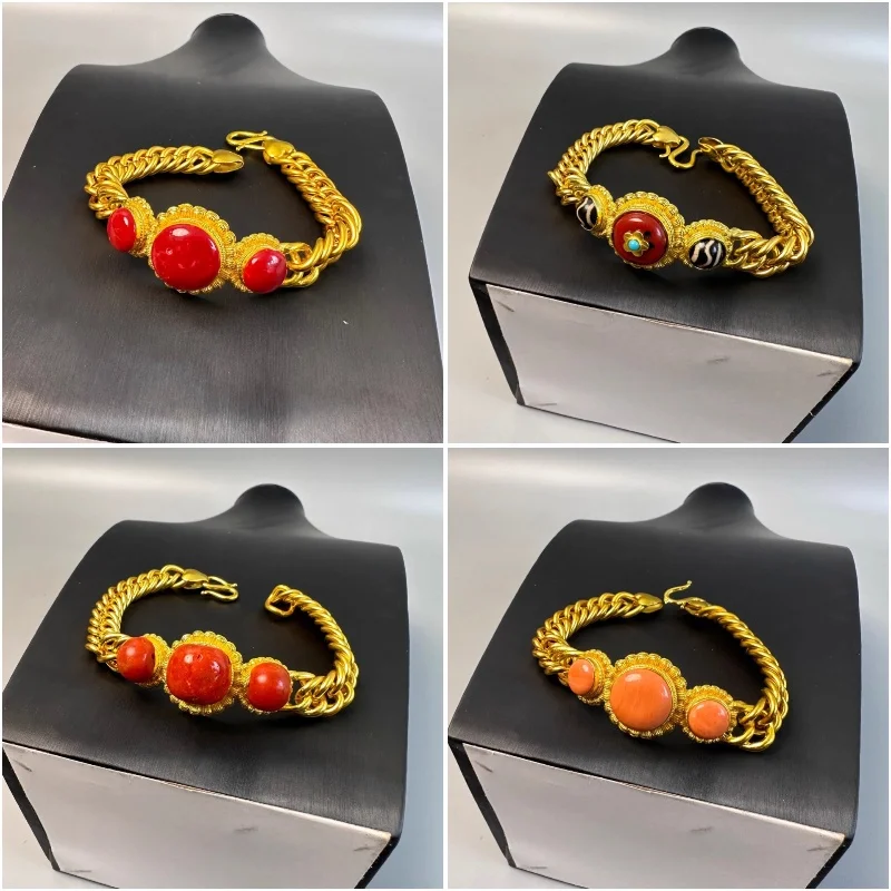 

Chinese Xizang Ethnic Style Male And Female Riding Whip Handcrafted Brass Gilt Bracelet