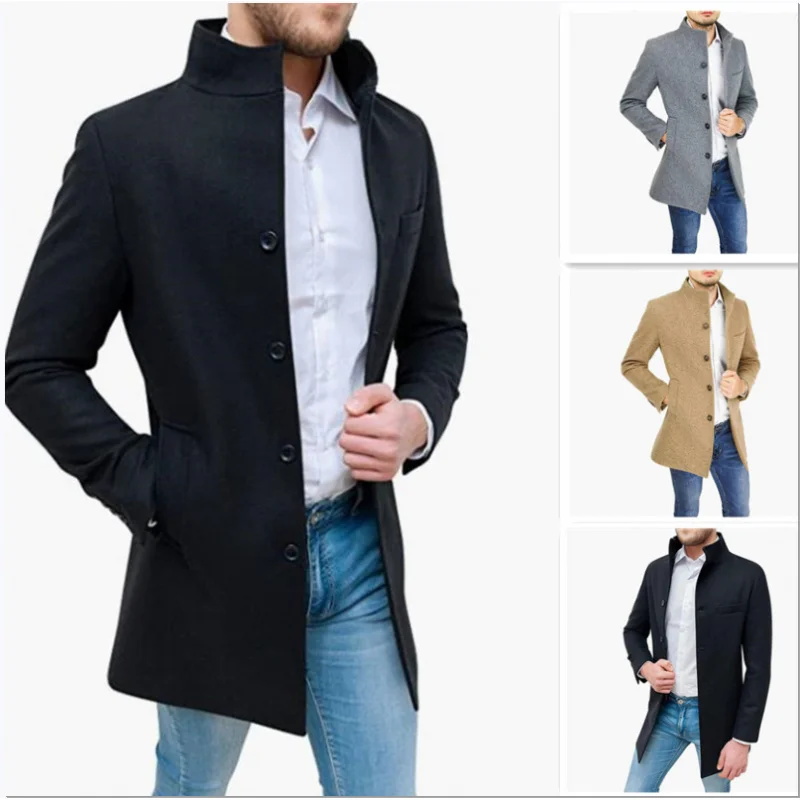 

Independent Station Woolen Coat Men's Thickening Stand Collar Coat Popular Single Woolen Trench Coat Outdoor Leisure