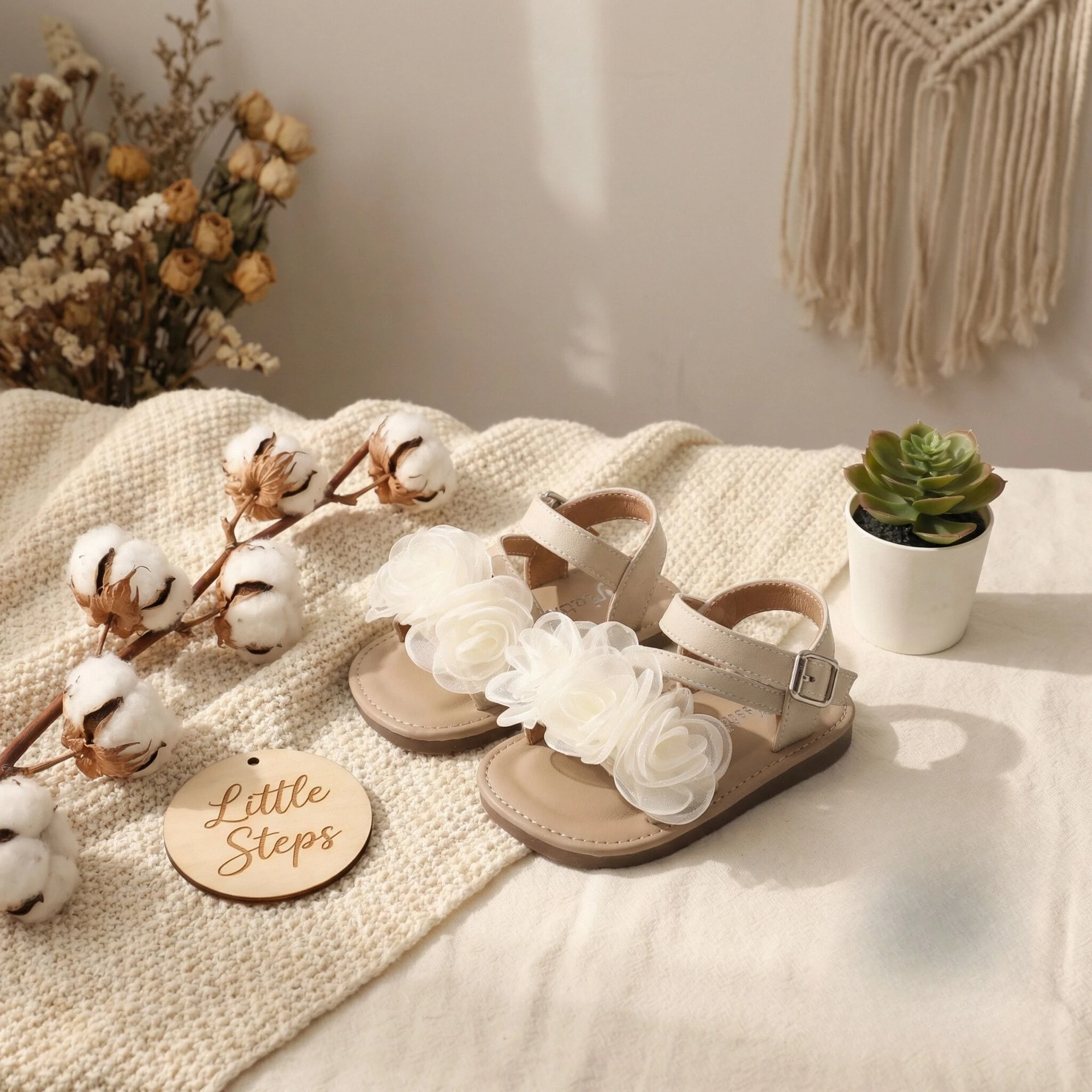 2026 Open-toe Baby Girl Flat Sandals with Two Layers of Delicate Organza Rose Flower Gentle Pastoral Style Toddler Shoes JY06141
