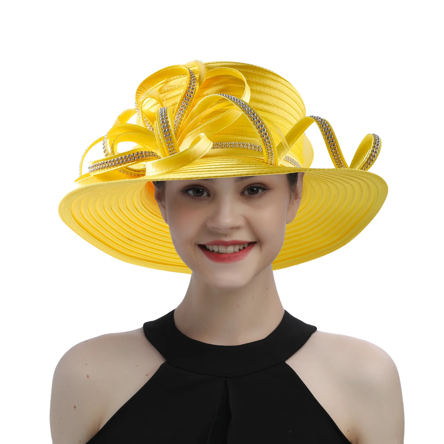 Yellow Fashion Satin Cloth Church Hat Deluxe Luxury Elegant Photography Hat Beauty Fancy Formal Flower Fascinator Hat Female