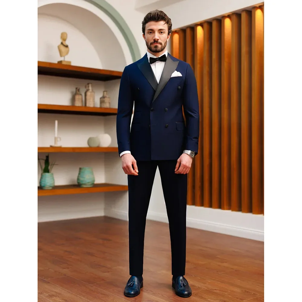 

Luxury Slim Fit Men Suits Double Breasted Black Peak Lapel Blue Full Set England Style Wedding Groom 2 Piece Jacket Pants Terno