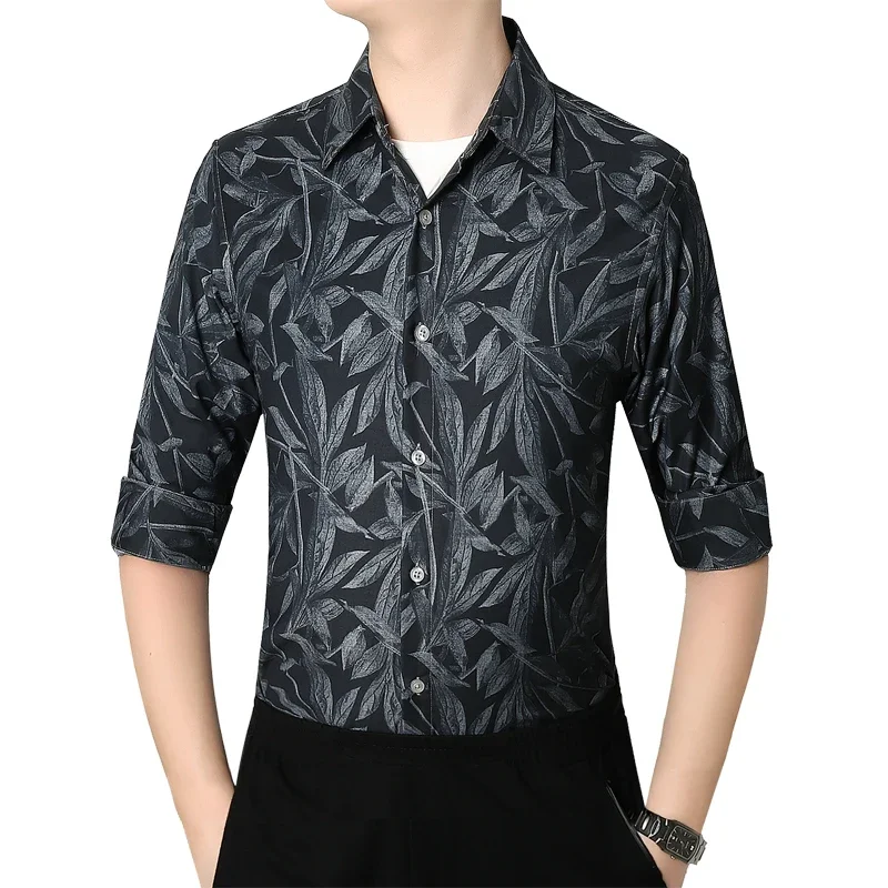 

New men's long sleeved shirt printed elastic youth slim fit floral shirt, Asian size M-7XL