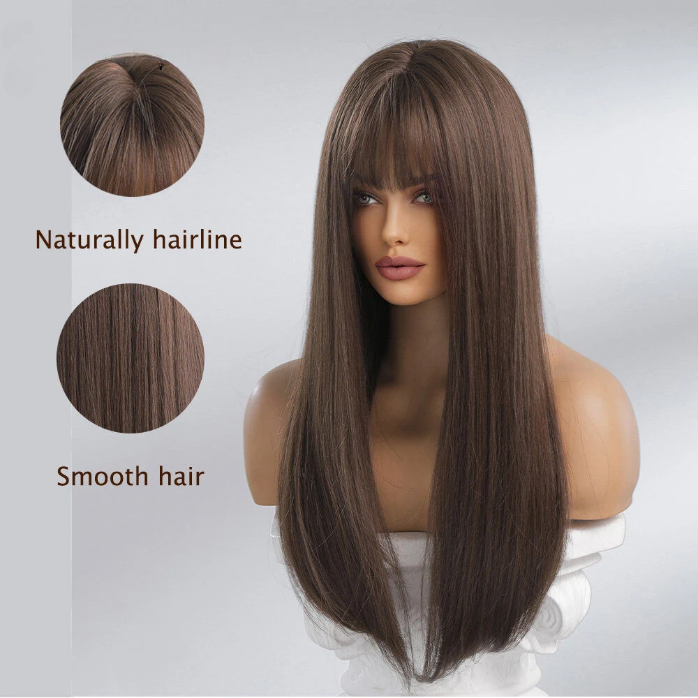 Long Natural Straight Wigs with Bangs For Women Chocolate Brown