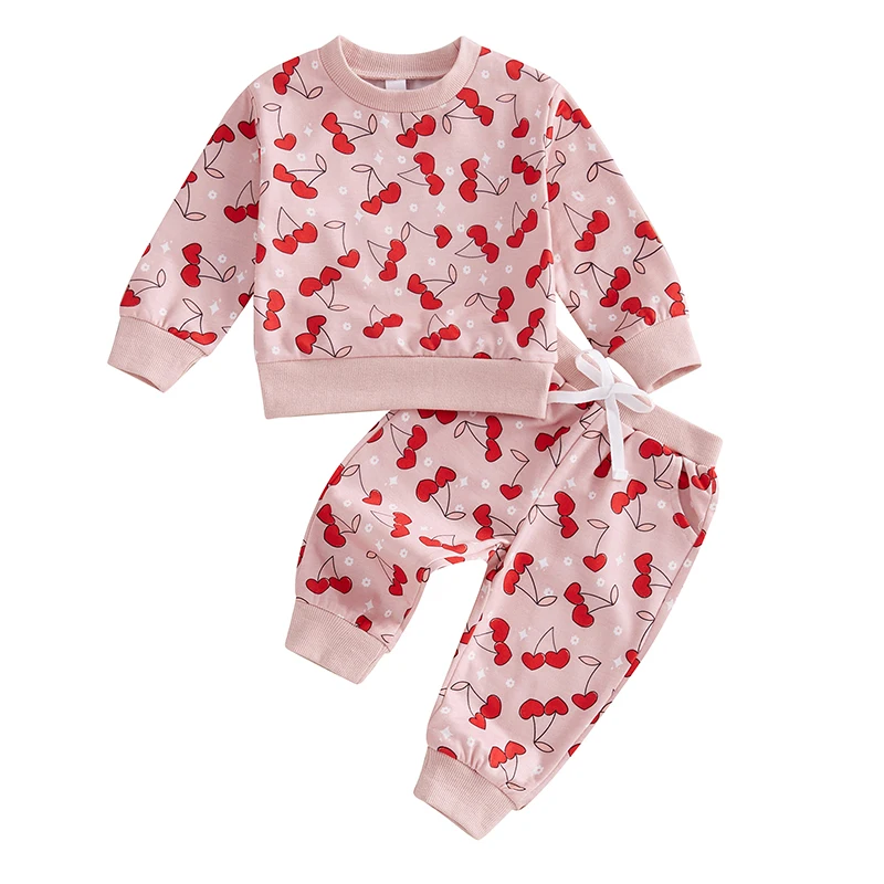 Toddler Girls 2PCS Fall Sets Long Sleeve O Neck Cherry Heart Print Tops Drawstring Pants Set