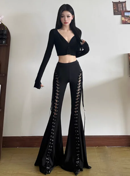 Streetwear Harajuku Black Pant for Women, Sweet, Kawaii, Chicken Eye Bandage, Female Fashion High Waist Loose Long Pants