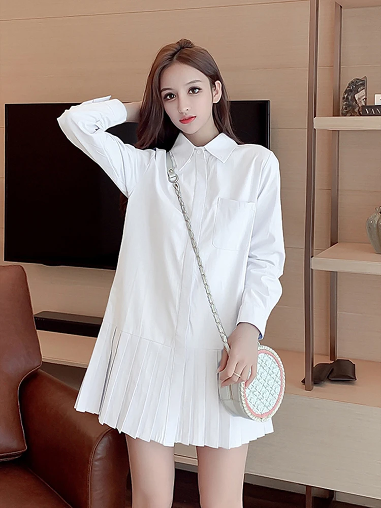 Autumn Long Sleeve White Pleated Shirt Dress 2023 Women Casual Turn Down Collar Mini Dress Button Lady A Line Office Vestidos