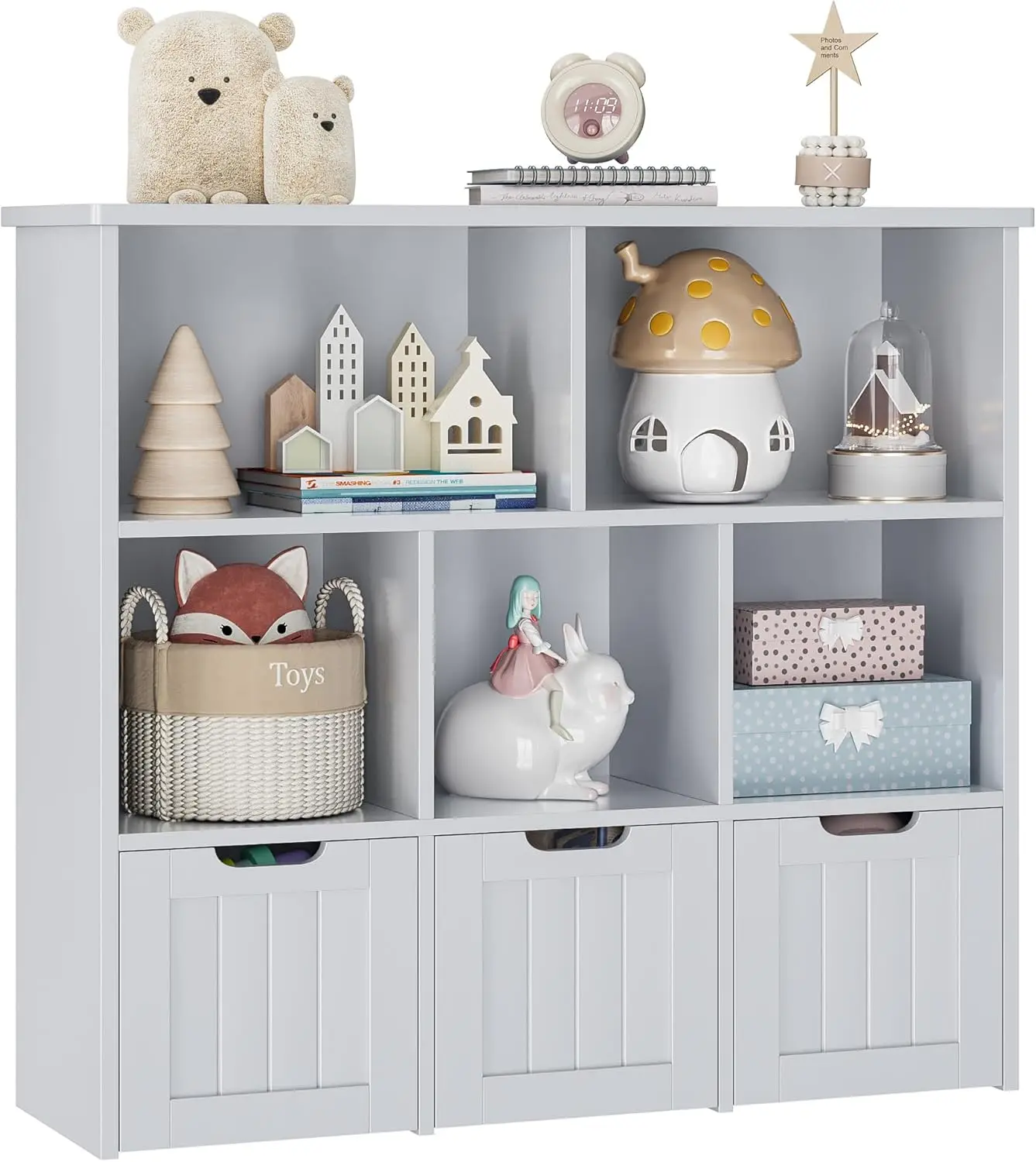 Toy Storage Organizer with 3 Movable Drawers, Floor Storage Cabinet Toy Chest with Hidden Wheels and 5 Storage Cubbies