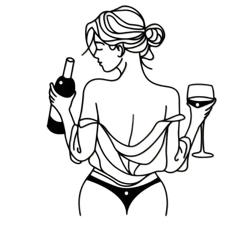 Sleek Black Metal Wine Lady Line Wall Art, Space Saving Abstract Wall Hanging, Modern Decor for Small Apartment Bar Cart