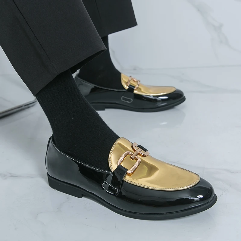 

Fashionable Color Blocking Design Men Casual Leather Shoes Branded Metal Buckle Business Loafers Comfort Low Cut Commuting Shoes