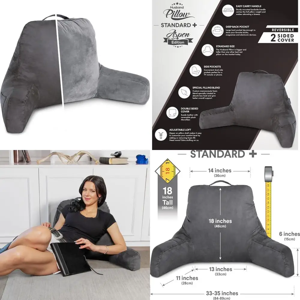 

Двусторонняя двусторонняя подушка для чтения для отдыха и отдыха, большая подушка для спинки для взрослых из железной серой ткани