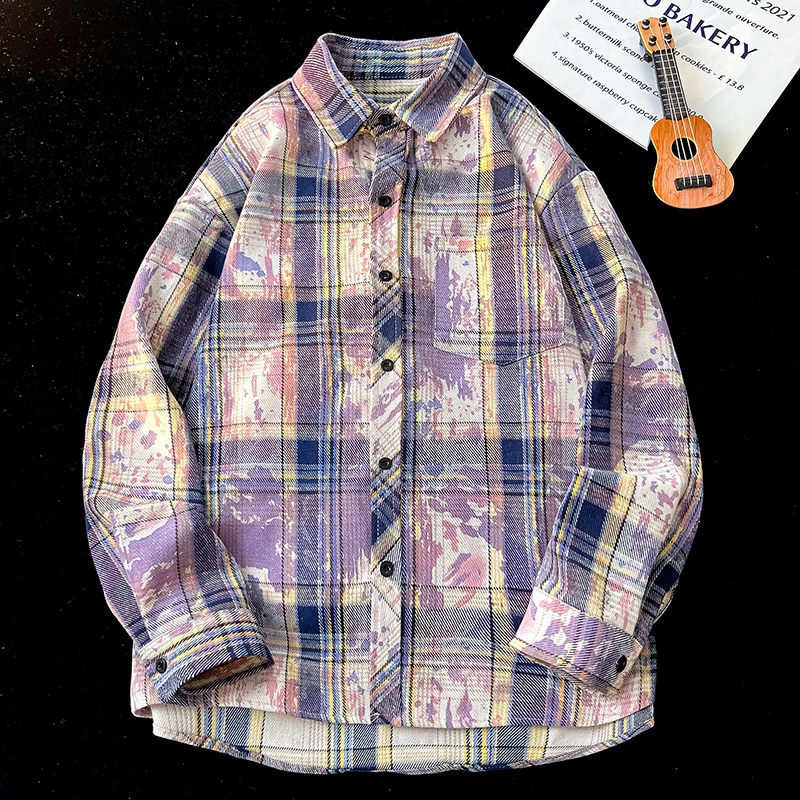 2025 Spring and Autumn Men's Green Plaid Shirt American Retro Style Purple Blue Tie-Dye Casual Long Sleeve Shirt