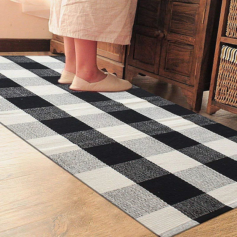 Entrance Door Mat Washable Kitchen Floor Mats Cotton Linen Rug Bedroom Living Room Bedside Area Rugs Modern Plaid Print Carpet