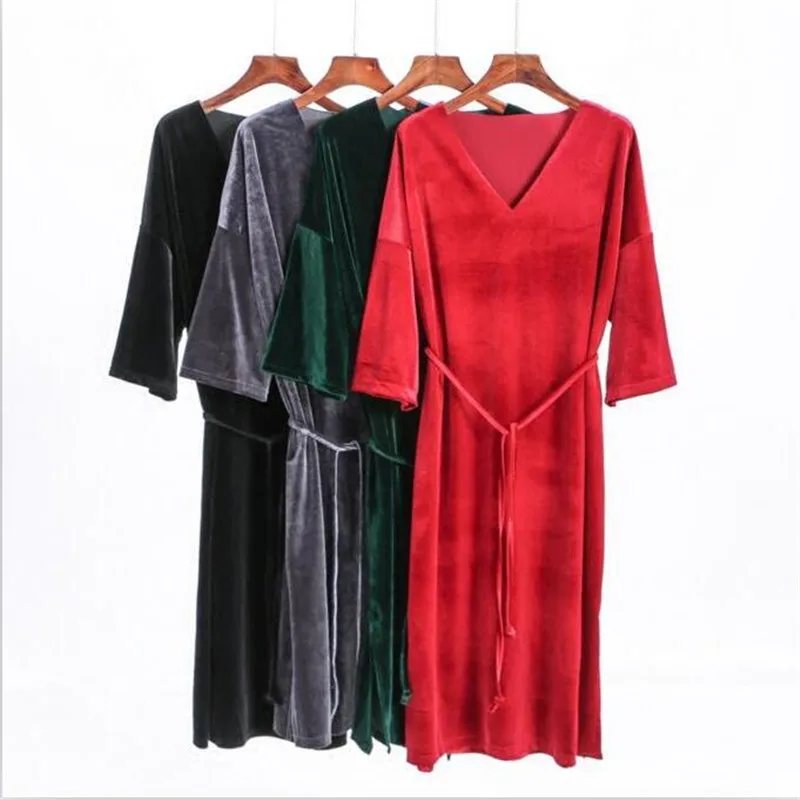 2024 Women Spring Autumn half Sleeve straight dress vintage Velvet V-Neck sashes edium Long dress Vestido  Women dress