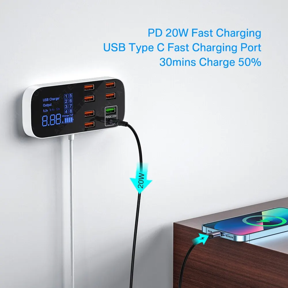 ASOMETECH 8 Port Desktop USB Charger Station With LED Display QC3.0 PD3.0 Fast USB Charging For iPhone 14 13 Pro Xiaomi