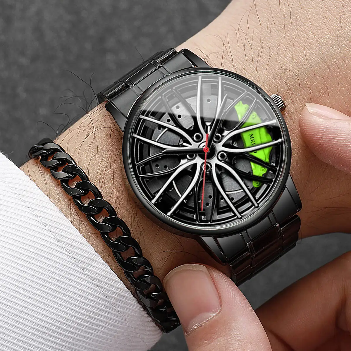 4 개/대 럭셔리 남자 시계 패션 3D 자동차 휠 다이얼 스테인레스 스틸 밴드 쿼츠 시계 남자 시계 Reloj Hombre (상자 제외)