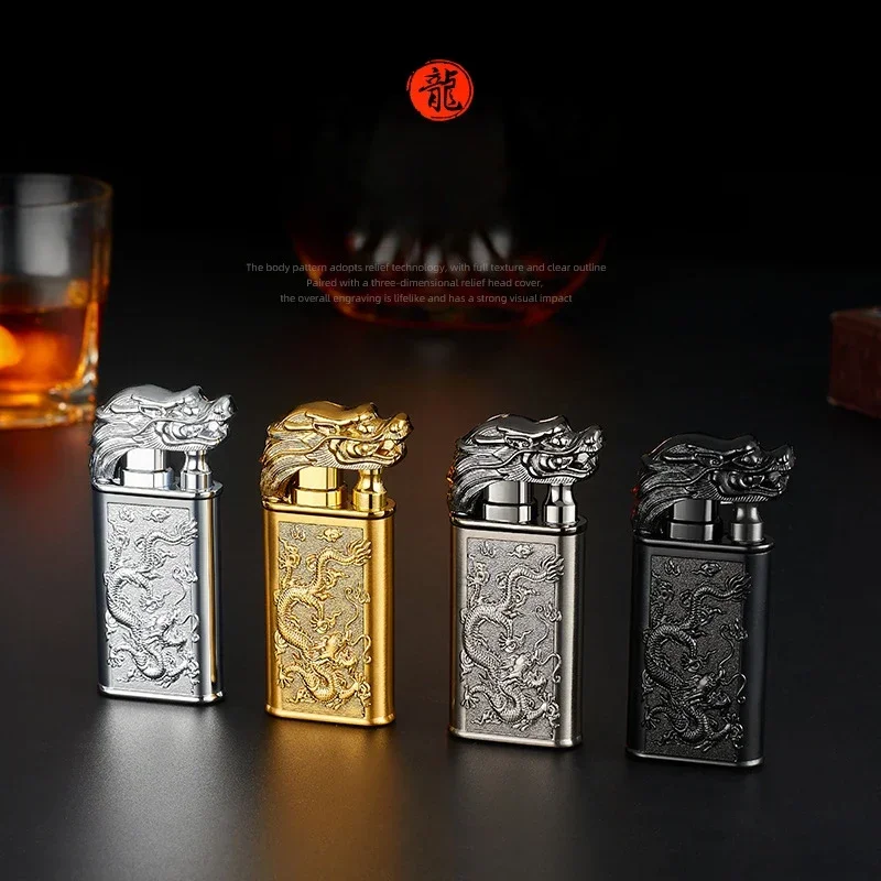 Creative Embossed Shenlong Double Fire Gas Lighter Metal, Flame Spray Tool, Cigarette Lighter, Trendy and Fashionable Men,