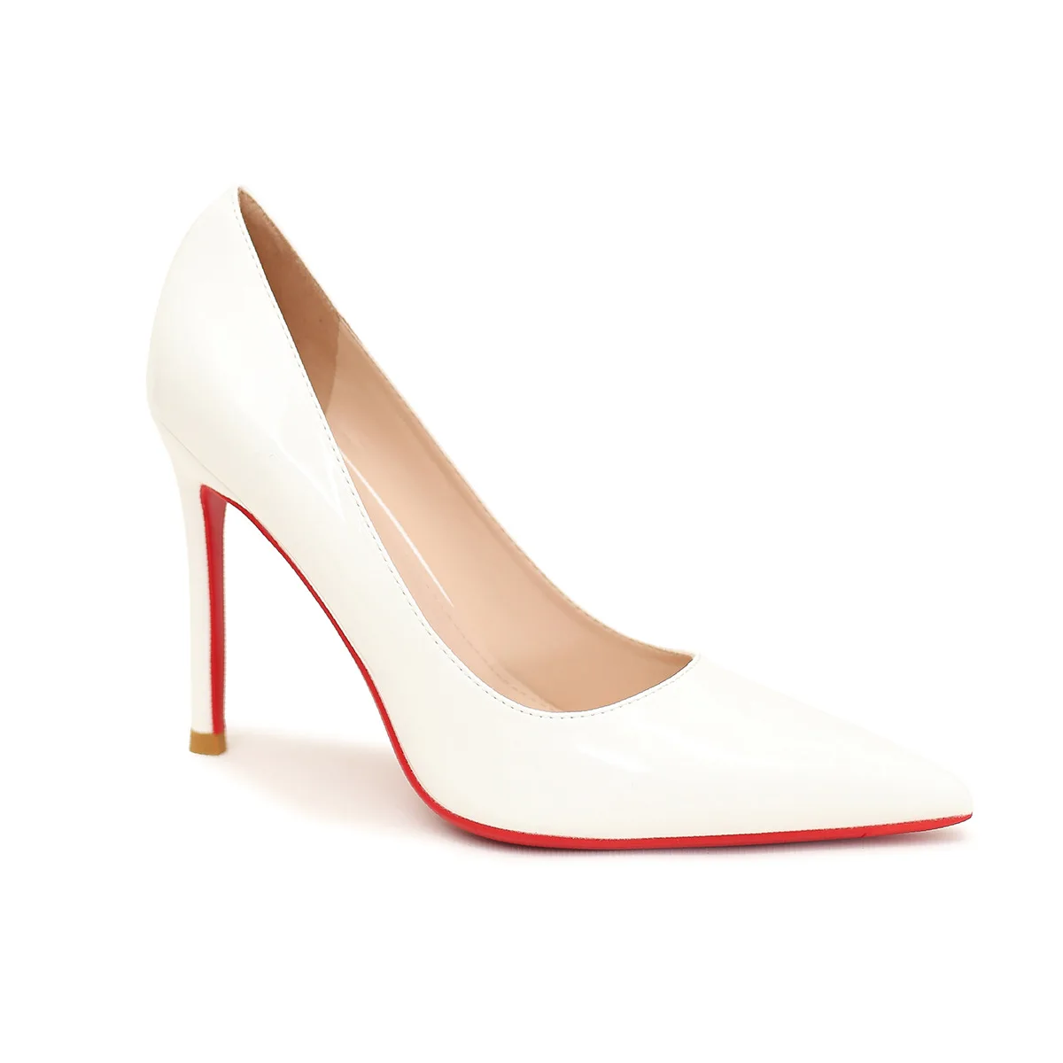 

White high heels, women's new versatile slim heel style, red soled pointed shallow mouthed sexy work patent leather single shoes