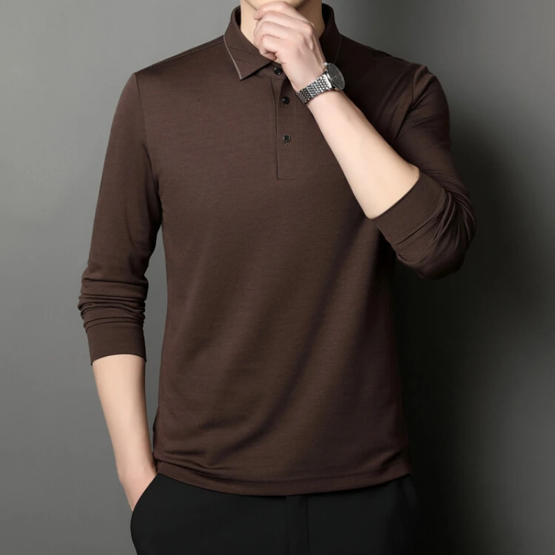 Business Casual Autumn and Winter Men's Loose Casual Solid Color POLO Shirt Daily Casual Stretch Top.