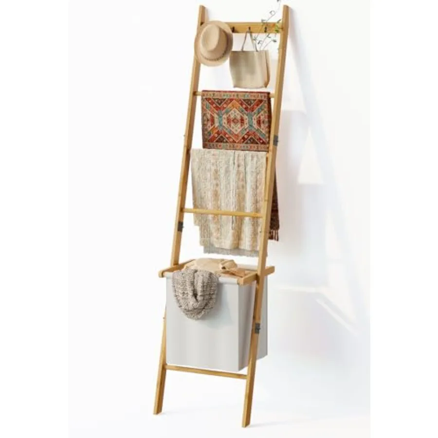 

Настенная декоративная лестница-органайзер для одеял и пледов с корзиной, 5-ярусная, с 4 крючками для полотенец, для гостиной