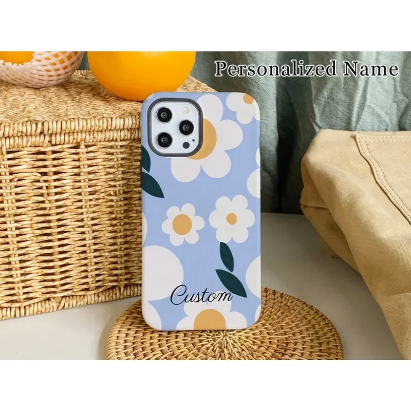 Blue Daisy Pattern Phone Case For IPHONE 16 15PRO MAX 14 13 12 11 Acrylic TPU Two in one magnetic Phone Cases