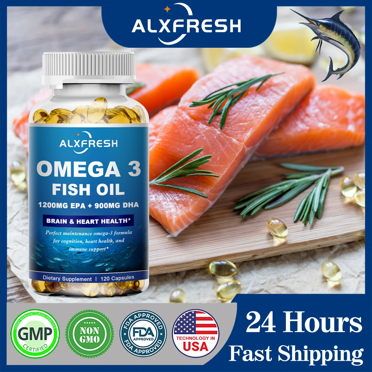 Alxfresh-aceite de pescado Omega 3, 120/60 geles blandos, 3600mg de alta EPA, 1300mg, DHA, 900mg, suplemento de diebería sin olor a OGM