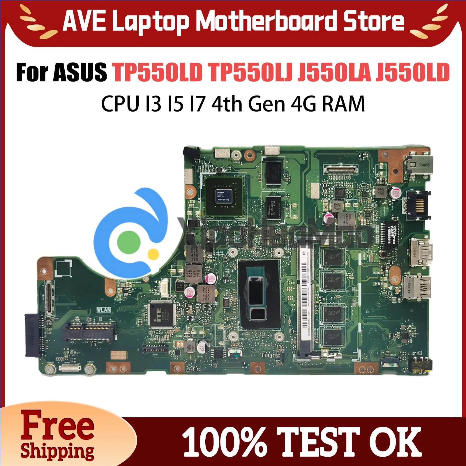 Placa-mãe do portátil para ASUS, TP550LJ, TP550LA, TP550L, J550LA, J550LD, I3, I5, I7, processador da 4a geração, 4G RAM, GT820M, V2G