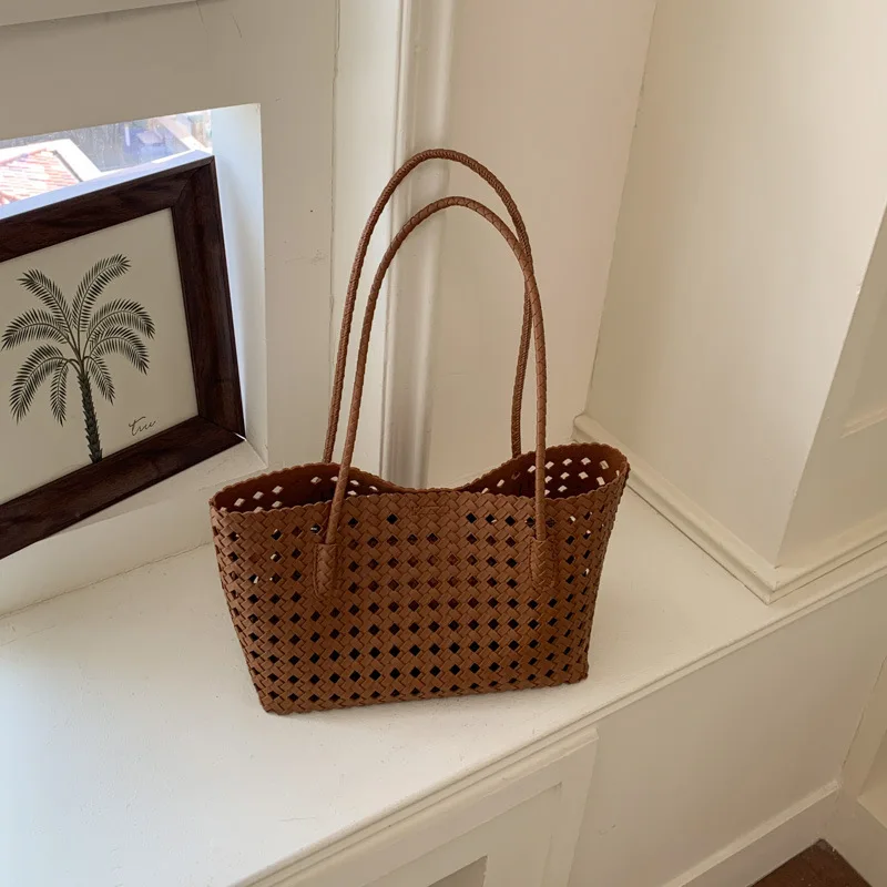 Women Summer Korean Style Vintage Woven Openwork Large Capacity Minimalist Handle Shoulder Underarm Tote Bag Daily Commuter