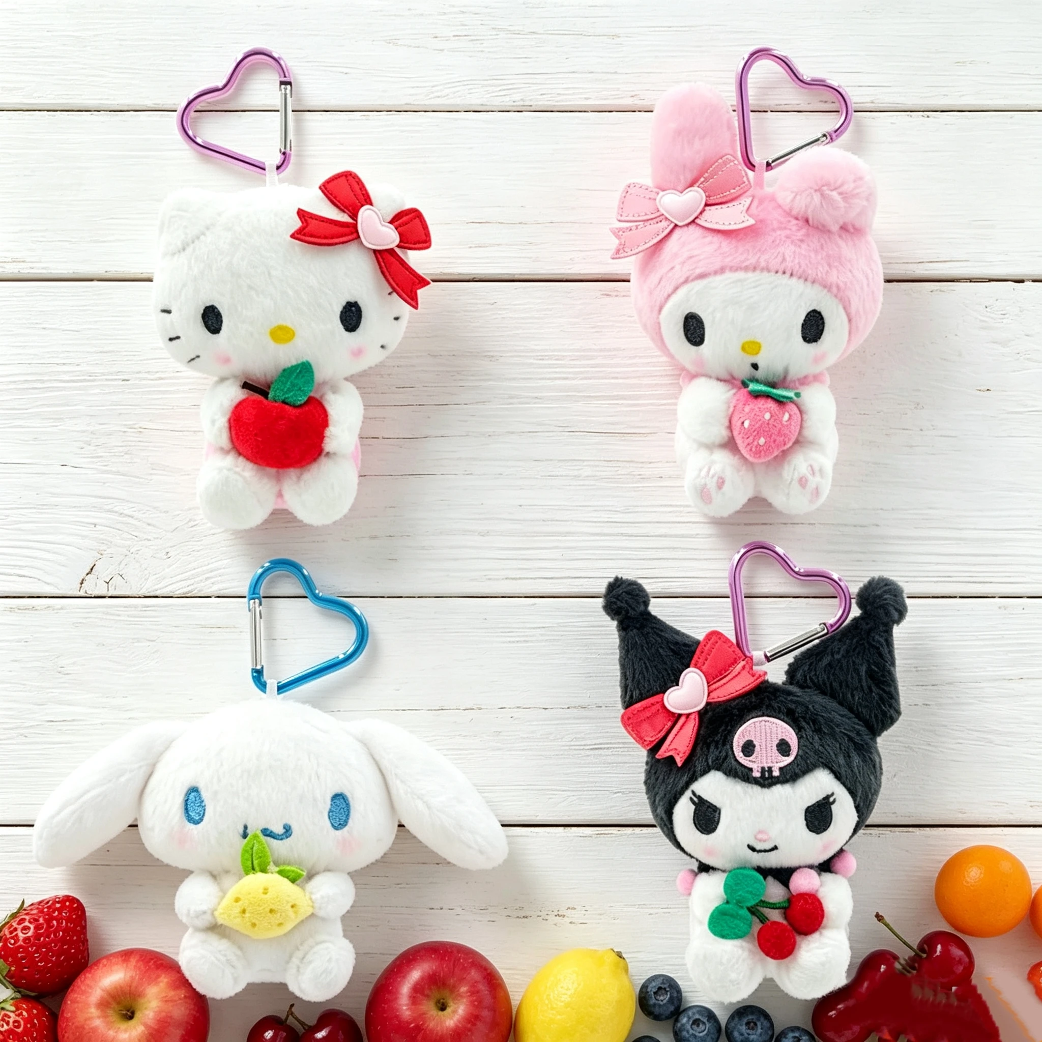 Genuine Sanrio Licensed Fruit Party Series Plush Keychain, Hello Kitty My Melody Cinnamoroll Kuromi Plush Pendant, Heart Carabin