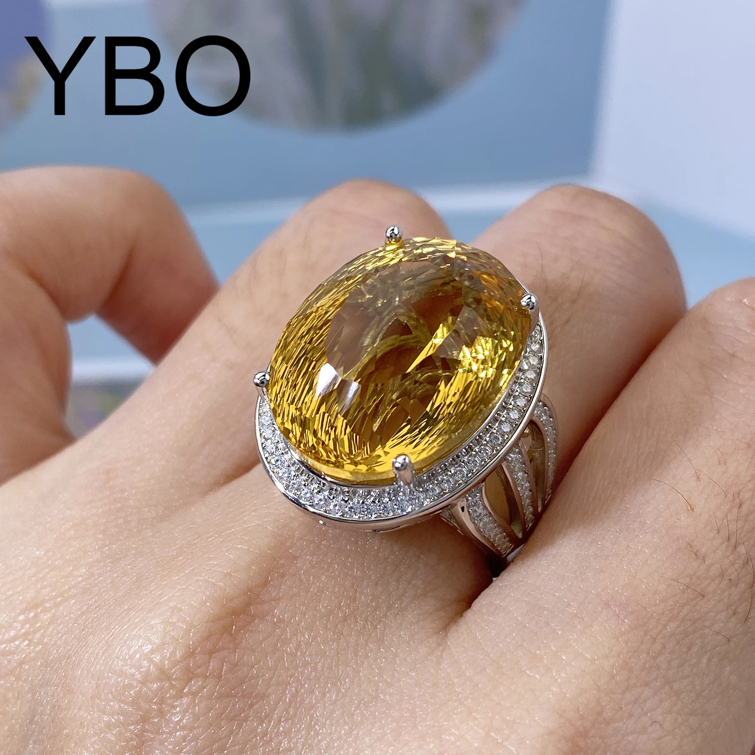 YBO Gemstone Fine Jewelry Natural 20Ct Citrine cz Rings Women's 925 Sterling Silver Luxury Ring Wedding Party Dating Jewels Gift