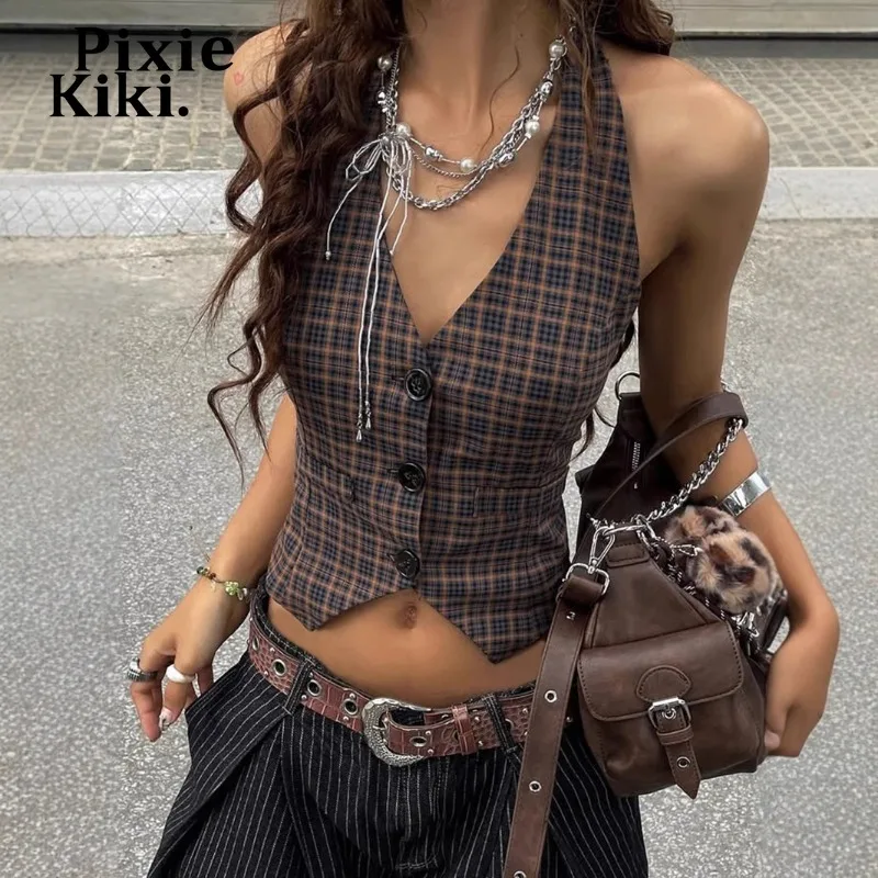 PixieKiki منقوشة طباعة العميق الخامس الرقبة المحاصيل القمم الشارع الشهير مثير الملابس للنساء Y2k سترة عارية الذراعين الرسن الأعلى P84-CH12
