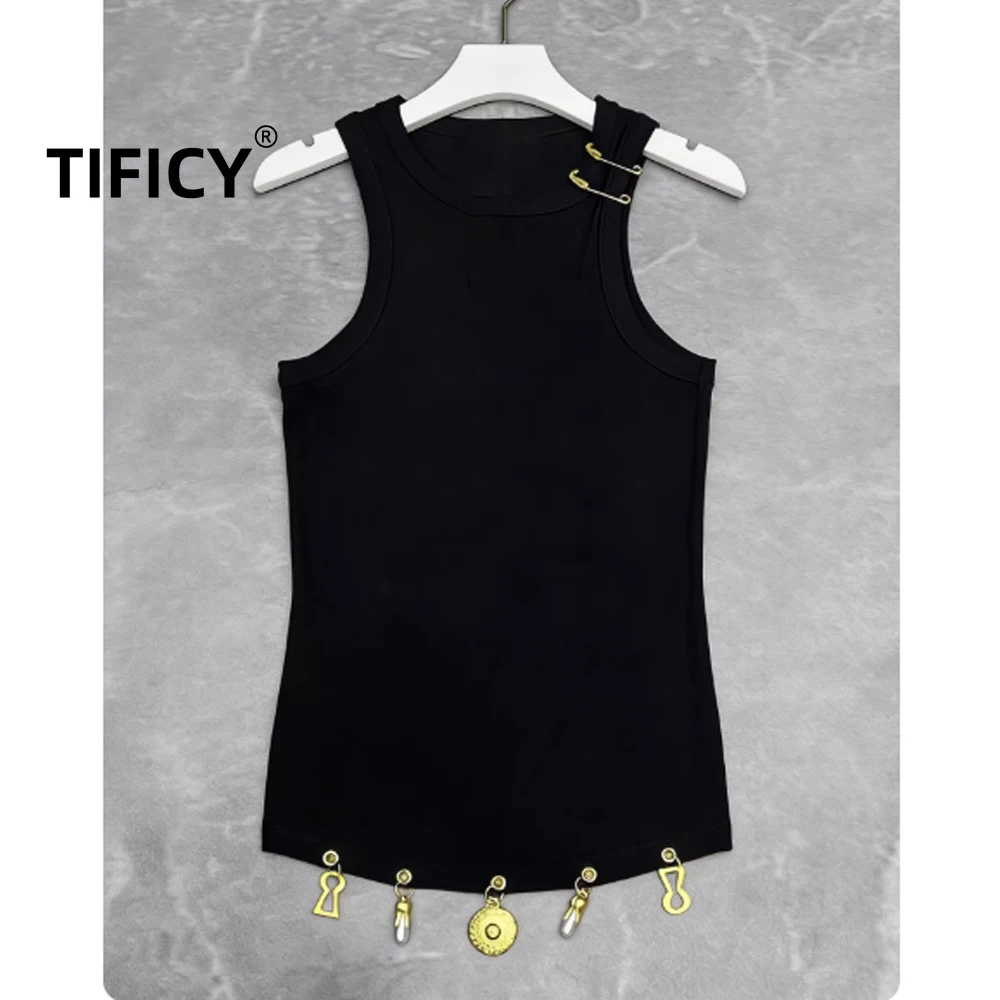 

Женские топы-майки High Street Tees в стиле ретро, с круглым вырезом, без рукавов, с металлическими бахромами, вязаные, облегающие, универсальные