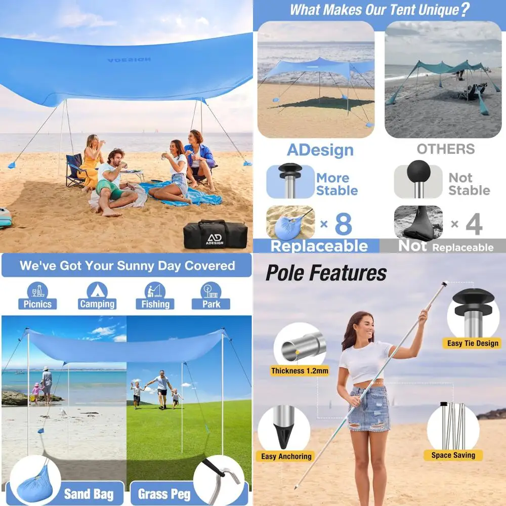 مأوى شاطئ مرساة رملية محمية من الأشعة فوق البنفسجية مع 8 أوزان، مظلة عائلية كبيرة، UPF50+، مظلة شمسية بطول 6.5 أقدام #1