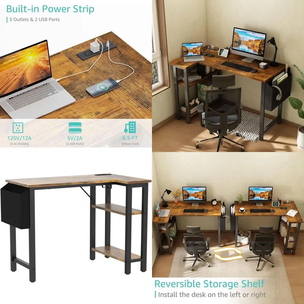

Compact L-Shaped Desk with Power Outlet and Charging Station, 40 Reversible, Rustic Brown for Small Home Office