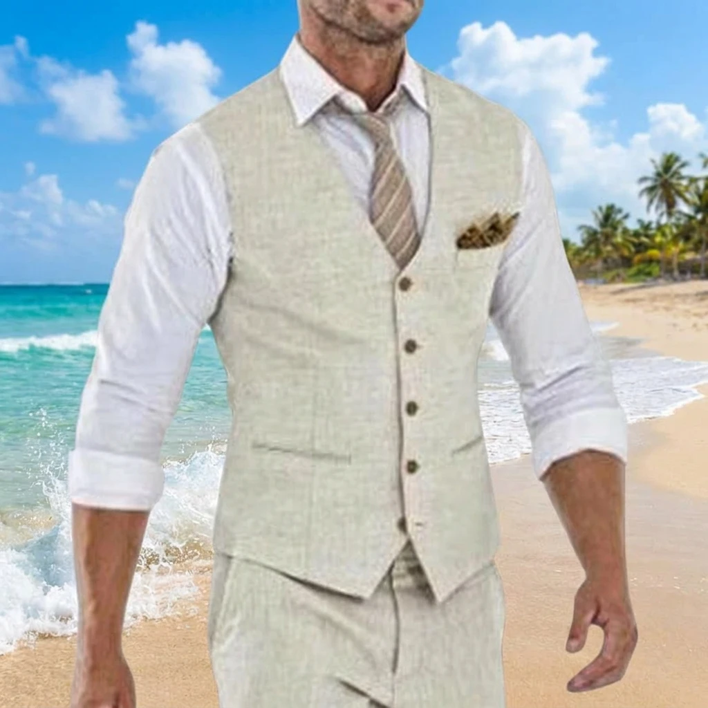 Beige Linen Suit Vest for Men Wedding Summer Beach One Piece Waistcoat V Neck Male  Fashion Cost