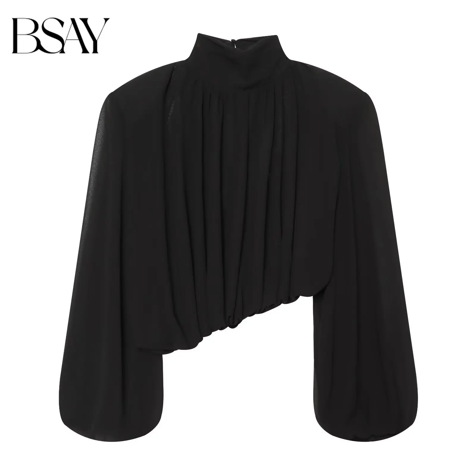 BSAY 2026 Herbst Neue Französische Elegante Damenmode Halbhoher Kragen Schulterpolster-Top Puffärmel Kurzes Hemd