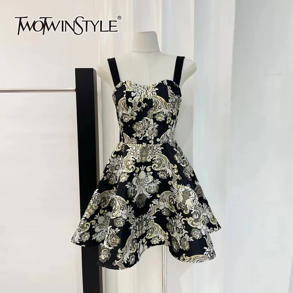 

TWOTWINSTYLE Temperament Colorblock Printing Dress For Women Square Collar Sleeveless High Waist Chic Dresses Female KDR507488